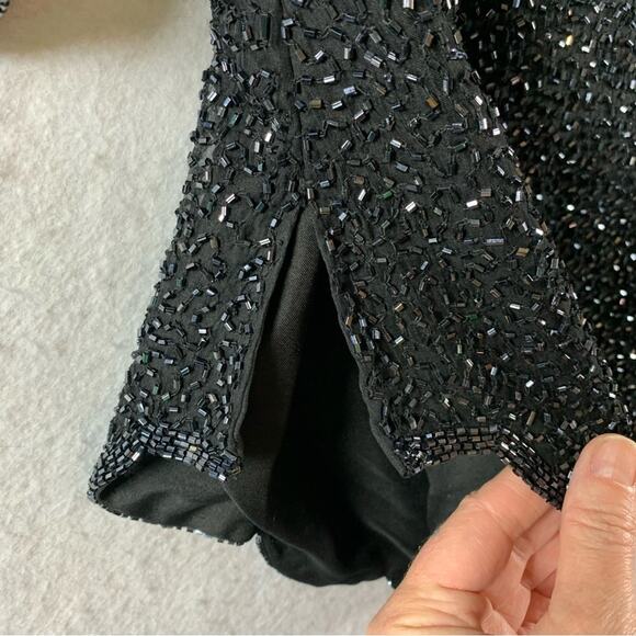 Womens Gorgeous Silk‎ Beaded Formal Blouse Sz XS Black Silk Scalloped Hem Lined - Picture 3 of 14